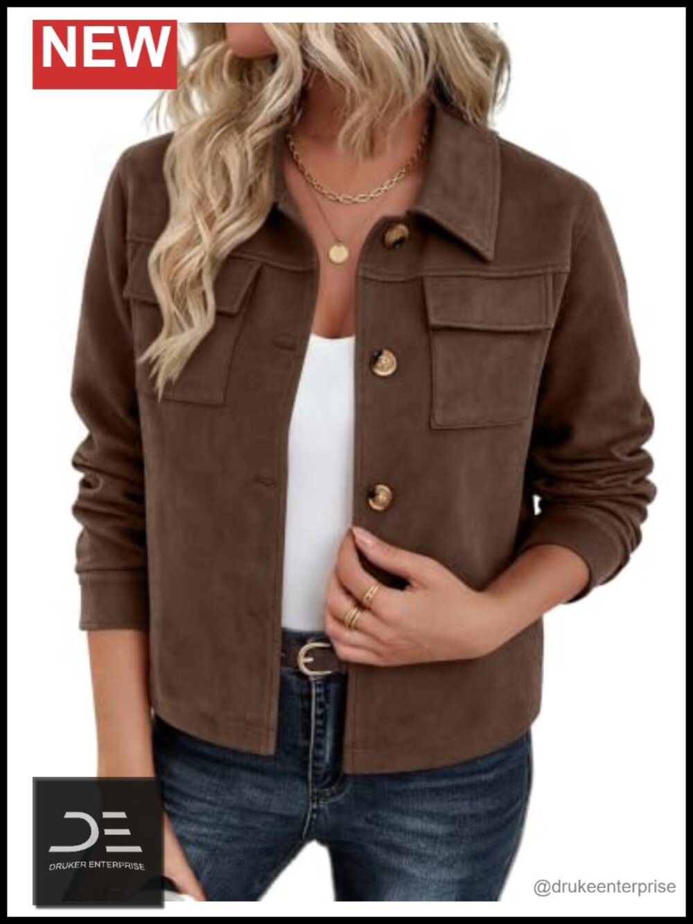 Faux Suede Cropped Jacket Button Up Shacket Loose Fit Casual